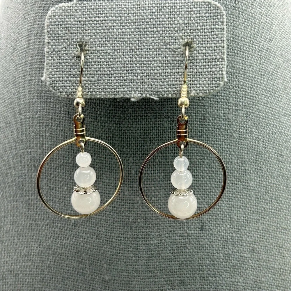 Genuine Milky Quartz Graduated 3 Beaded Dangle Silver Tone Hoop Earrings Pierced